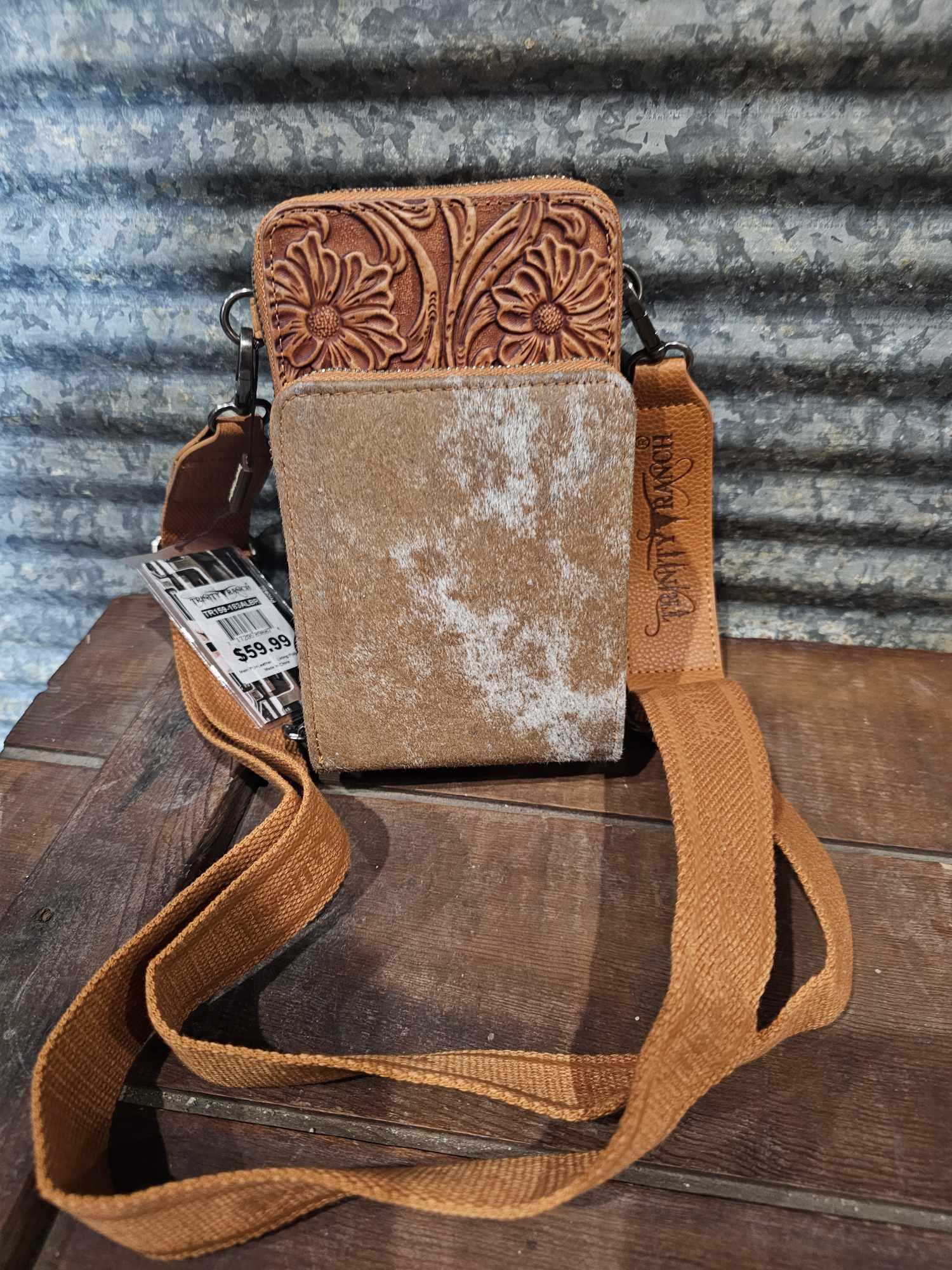 Trinity Ranch Genuine Hair-On Cowhide /Tooled Collection Phone Purse with Coin Pouch