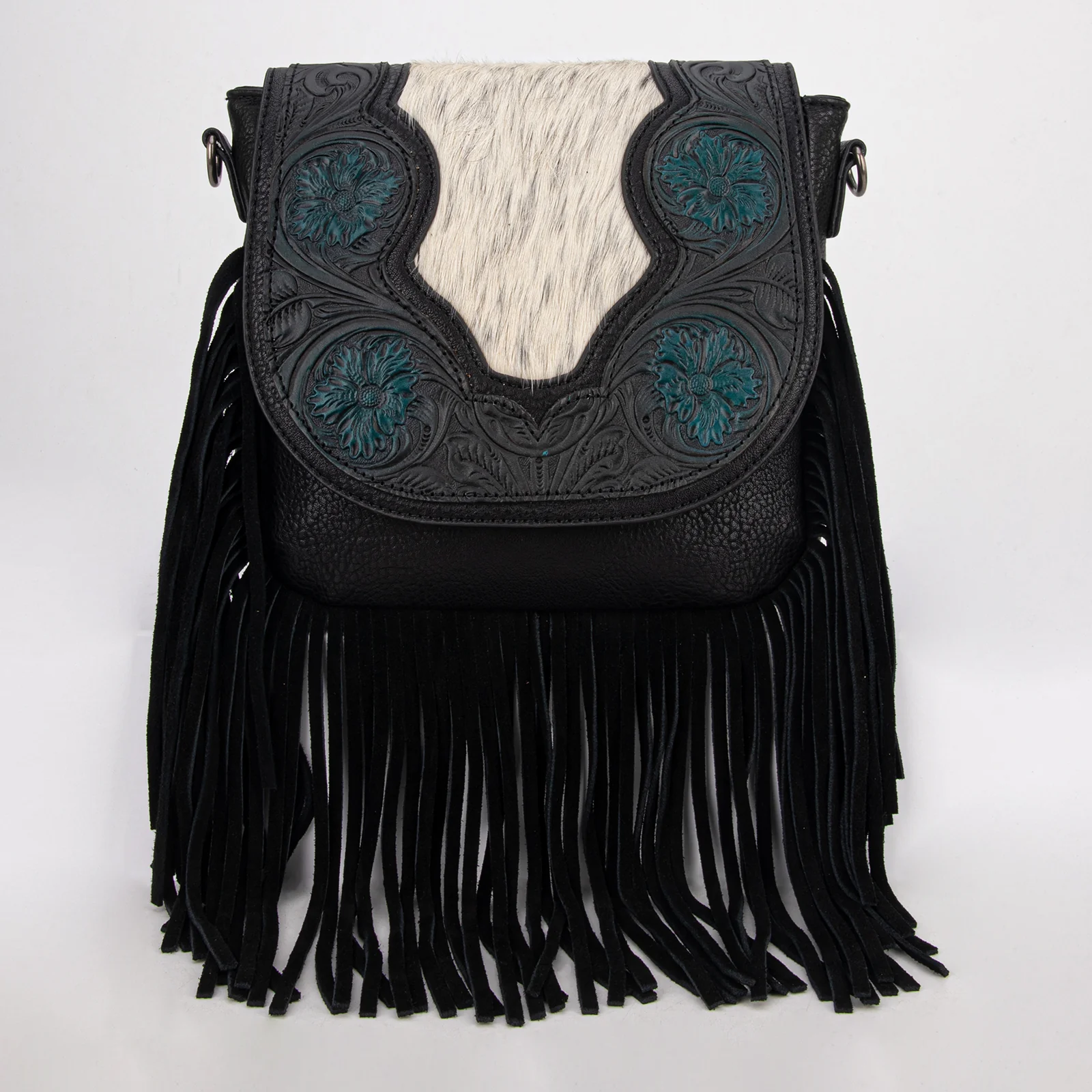 Trinity Ranch Genuine Hair-On Cowhide Tooled Fringe Crossbody Bag- Black