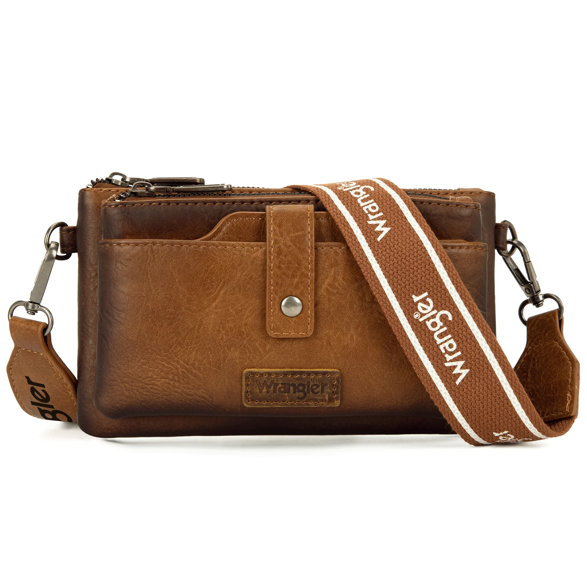 Wrangler Dual Zipper Compartment Crossbody Bag - Brown