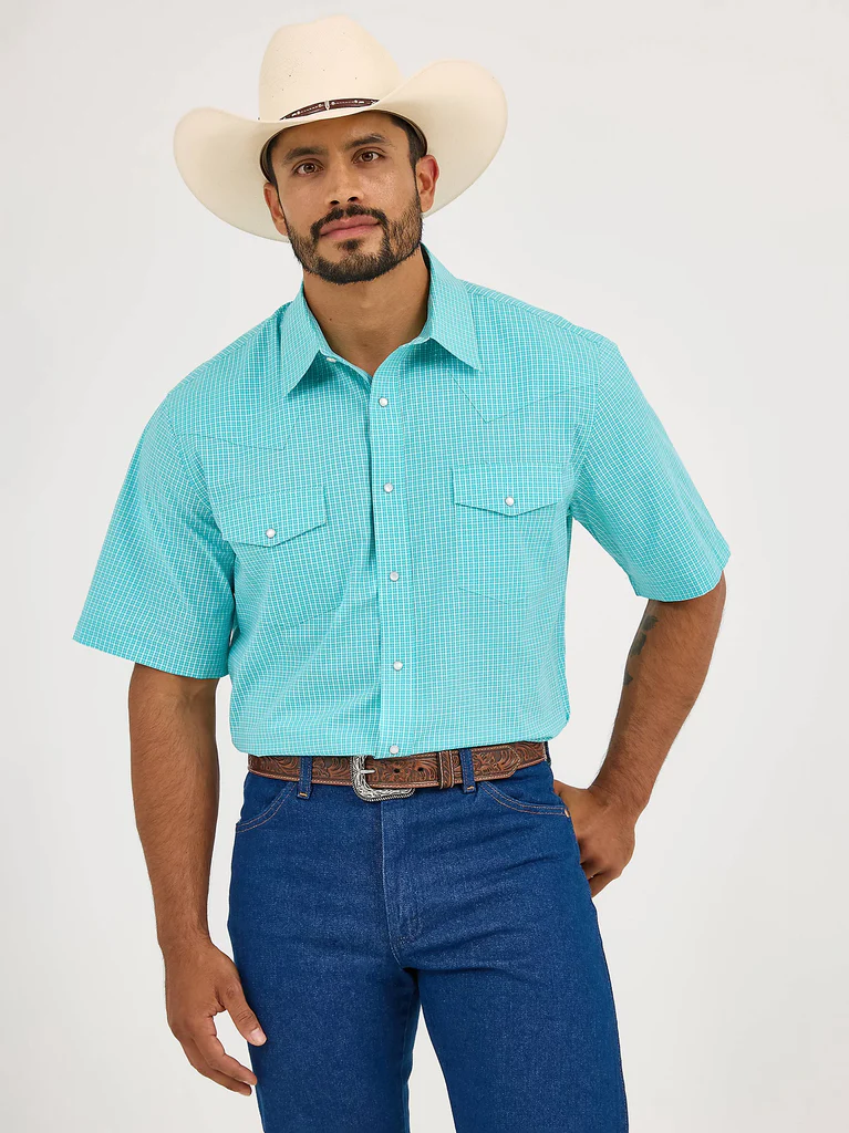 Turquoise Plaid Pearl Snap