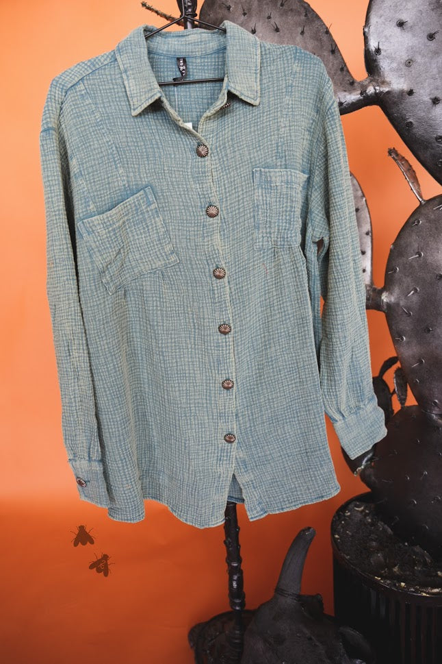 Acres Button Up-Teal