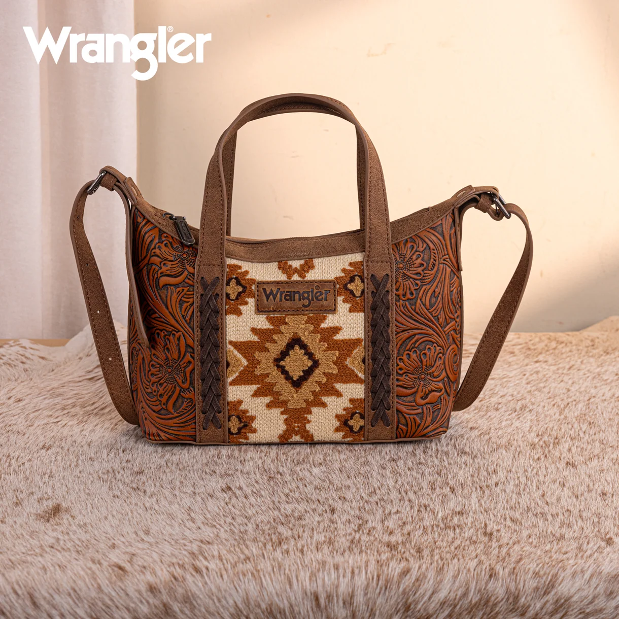 Wrangler Tooled Aztec Pattern Print Tote/Crossbody - Brown