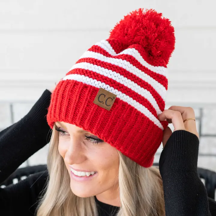 Cc Chunky Knit Striped Pom Beanie