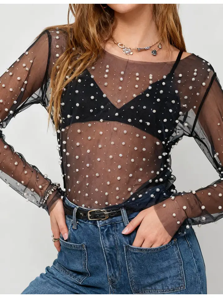 Pearl Rhinestone Studded See Through Mesh Blouse