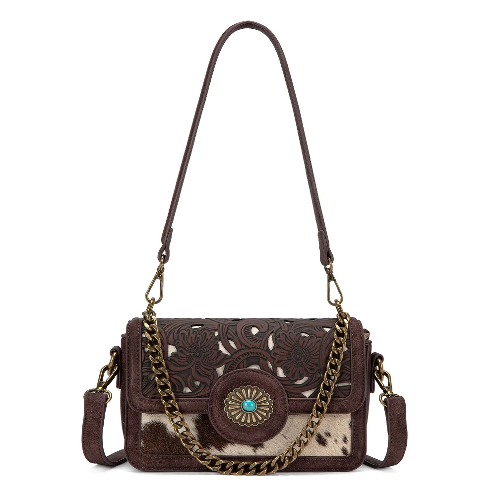 Trinity Ranch Cowhide Floral Cutout Crossbody Bag - Coffee
